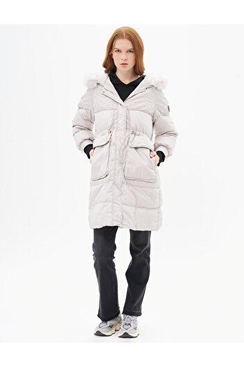 Kayra Light Gray Goose down Coat - Pocket Detailed