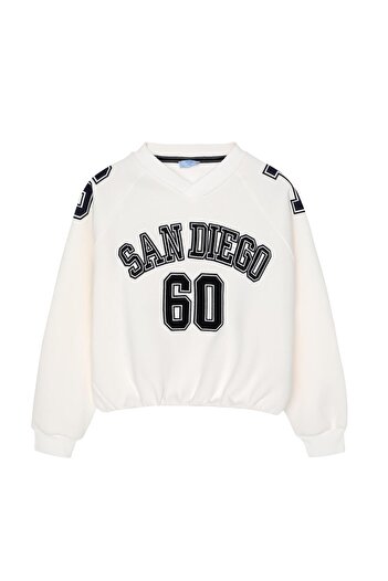Quzu Ecru Color Printed Sweatshirt