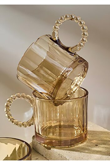 HomeTarz Set of 4 Glass Mug - Beaded Handle Tea Glass Set - 200 ml - Line Pattern