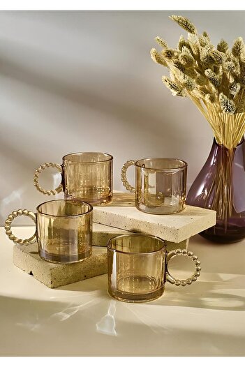 HomeTarz Set of 4 Glass Mug - Beaded Handle Tea Glass Set - 200 ml - Line Pattern