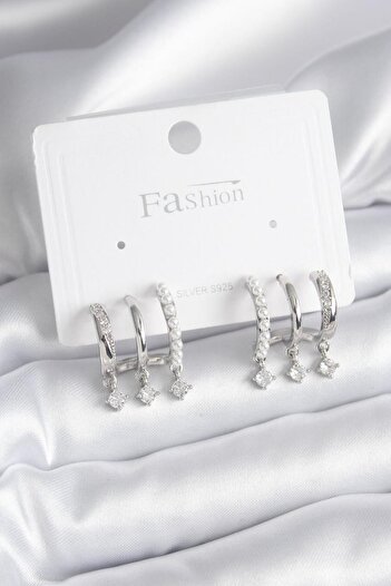 Skygo Brass Silver Color Zircon Stone Detail Women's Earrings with Pearls - Tj-Bkp9748