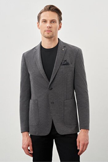 İmza Black Knitted Mono Collar Houndstooth Print Slim Fit Jacket - 2 Buttons, 6 Drop, 1002245166 _001