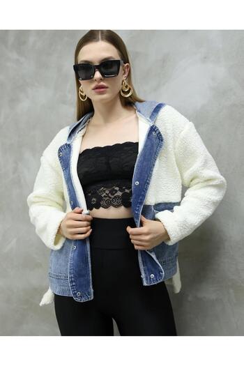 Asia White Teddy Plush Hooded Denim Jacket