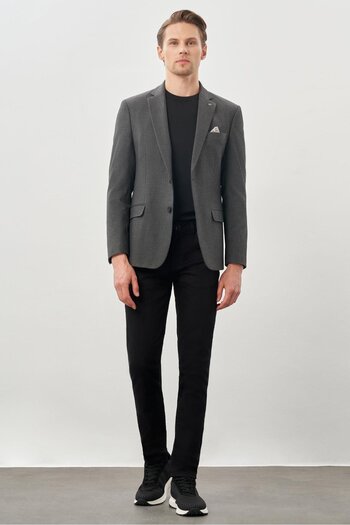 İmza Stretchy Dark Anthracite Gabardine - Mono Collar Slim Fit Casual Jacket 6 Drop 1002245162