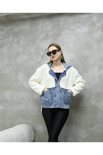 Asia White Teddy Plush Hooded Denim Jacket