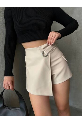 Miss Prova Eyelet Detailed Pocket Leather Shorts Skirt Missşe 240107