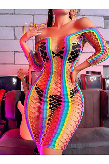 Bernato Colorful Striped Mesh Detailed Fancy Nightgown