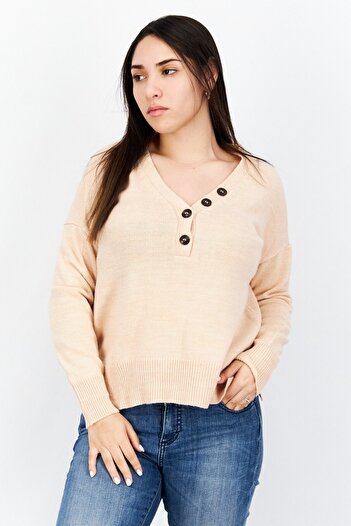 NA-KD Women V Neck Knitted Sweaters, Light Peach