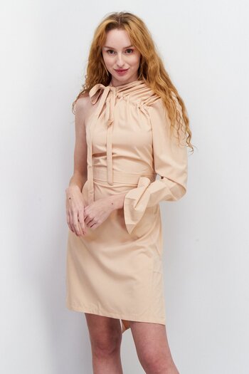 NA-KD Women Asymmetrical Neckline Long Sleeves Casual Mini Dress, Peach