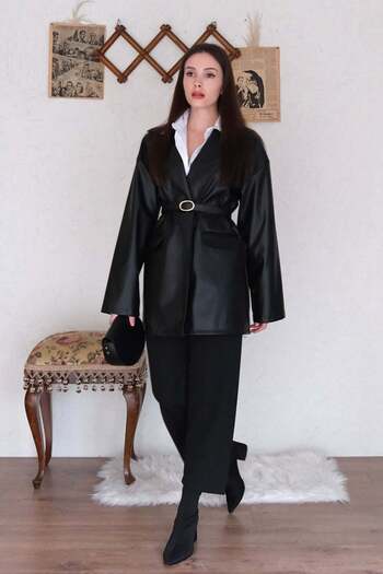 Ceylan Otantik Black Leather Jacket & Black Crepe Pipe Leg Pants