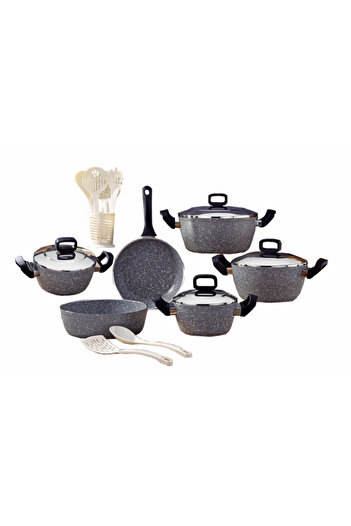 drobina Turkish granite cookware set consisting of 17 pieces grey steel