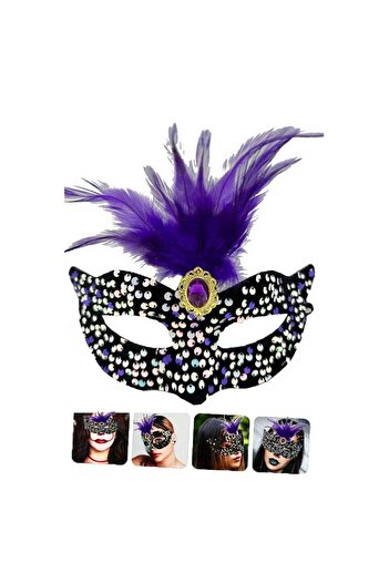 Skygo Colorful Sequined Sequin on Black Velvet Purple Feather Purple Stones Party Mask 19x21 cm