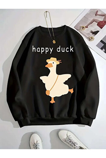 Pink Sky Μαύρο φούτερ με στάμπα Happy Duck Oversize Crew Neck