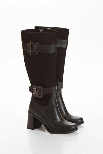 ZİESCE Women's Black Suede and Buckle Detail Round Toe Ankle Boots