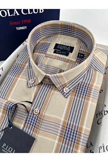 Piola Club Μπεζ Slim Fit καρό ανδρικό πουκάμισο με γιακά μακρυμάνικο