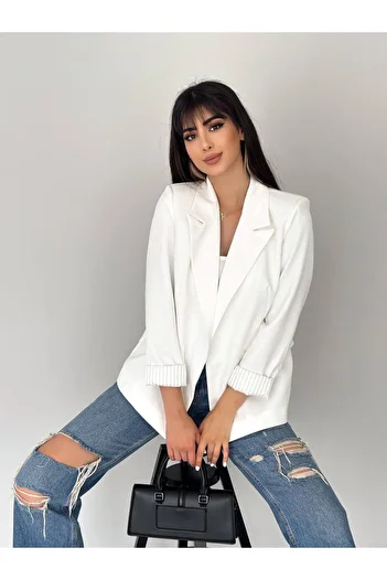 SUXİRCNHTMTS White Striped Women's Blazer Jacket with Sleeve and Fold Detail