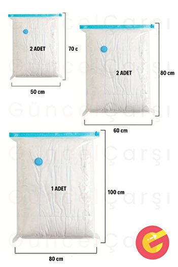 GüncelÇarşı 5'li Paket 3 Boy Vakumlu Hurç Giysi Yastık Yorgan Yazlık Kışlık Vakumlu Saklama Torbaları + Pompa
