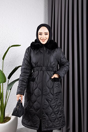 HARMAN BUTİK Women's Pocket Collar Fur Quilted Coat
