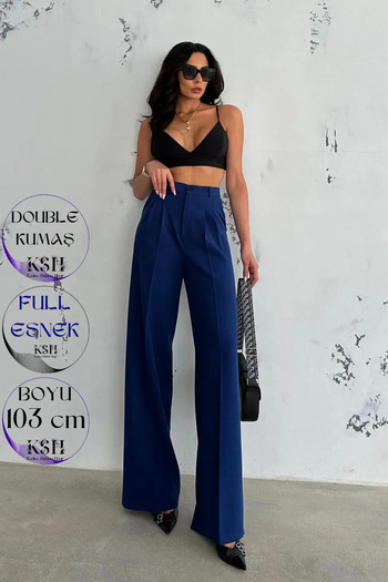 KaSheHa Navy Blue Single Pleated Spring Double Fabric Palazzo Pants 103 cm