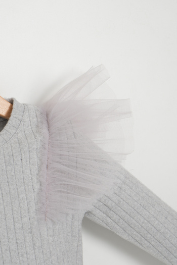 Milangel Gray Girl's Ribbed Knitted Tulle Ruffled Body