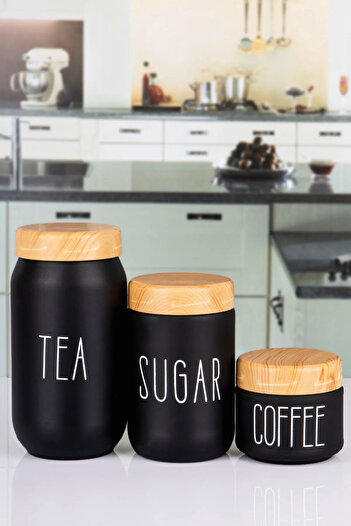 Woodcept Set of 3 Tea Sugar Coffee Glass Storage Jars, 300-650-1000 ml Glass Jar Set with Bamboo Lid Pattern