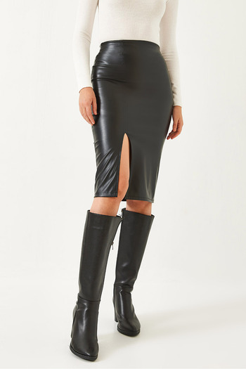 Bianco Lucci Women's Slit Leather Pencil Skirt 60261199