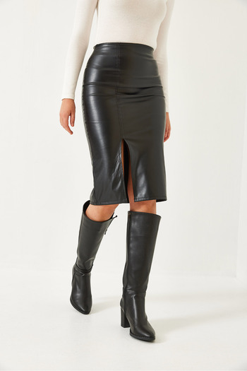 Bianco Lucci Women's Slit Leather Pencil Skirt 60261199