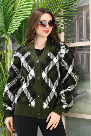 sportiness Oversize Soft Plaid Square Knitted Buttoned Strickery Cardigan