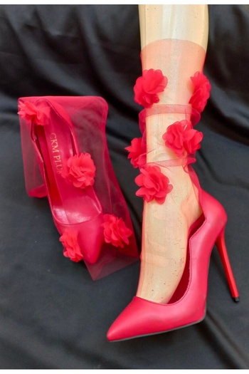 VENÜS MODA by Pınar Valentine's Day Gift Red Lycra Tulle Socks Floral Tulle Socks Red Socks