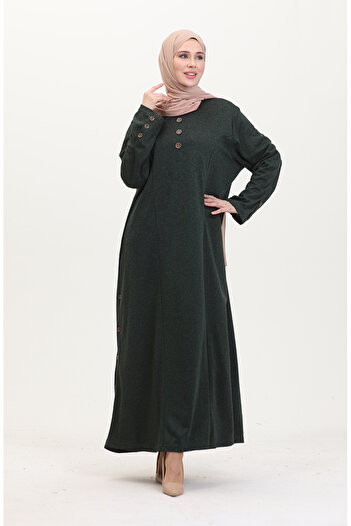 sefamerve Plus Size Button Detail Dress 0533-03 Emerald Green