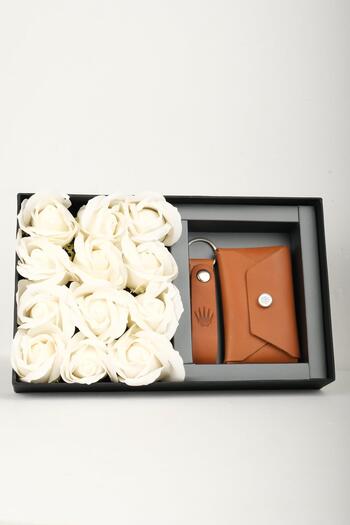 WATCHOFROYAL Genuine Leather Buttero Floral Gift Set - Natural Wallet and Keychain