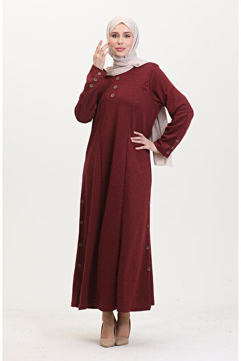 sefamerve Plus Size Button Detail Dress 0533-07 Burgundy