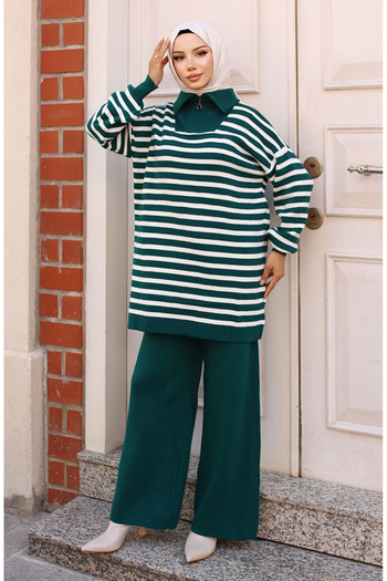 sefamerve Emerald Green Striped Zippered Knitwear Set - 11029-01