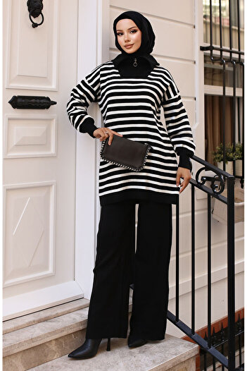 sefamerve Black Striped Zippered Knitwear Set - 11029-03