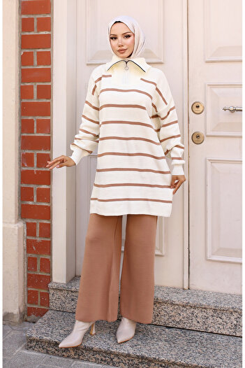 sefamerve Mink Striped Zippered Knitwear Set - 11034-02