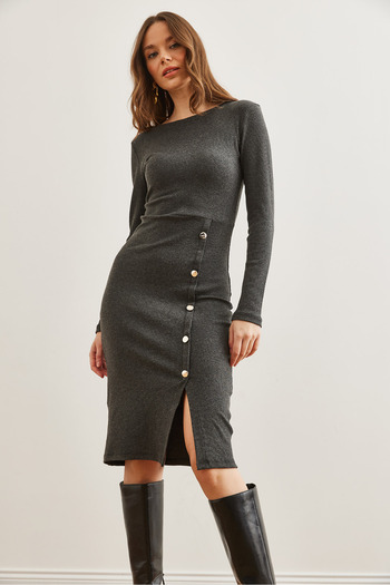 Olalook Rochie midi elastică cu fante cu nasturi afumati pentru femei ELB- 19002256