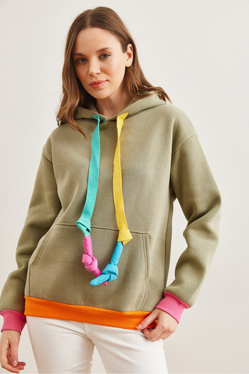 Olalook Khaki Women's Sweatshirt - Hooded and Lace-Up Detail, Raster Swt- 19000710