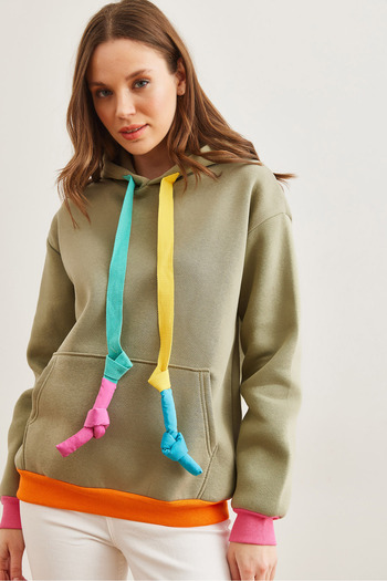Olalook Khaki Women's Sweatshirt - Hooded and Lace-Up Detail, Raster Swt- 19000710
