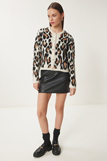 Happiness İstanbul Women's Cream Black Leopard Print Cardigan - Short Beard Kb00040