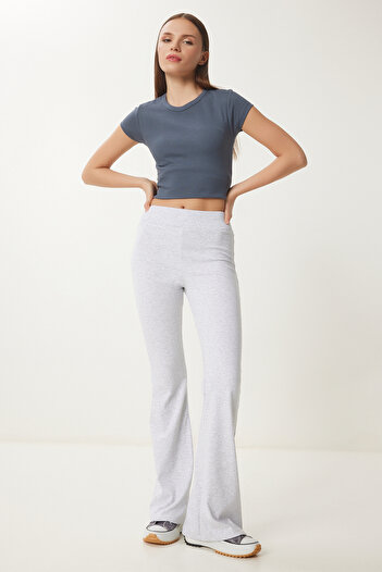 Happiness İstanbul Damen-Strickstrumpfhose mit hoher Taille und spanischem Bein in Grau-Melange XR00021