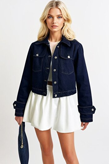 Trend Alaçatı Stili Dámská námořnická modrá nárameníková bunda Detailed Crop Jean Jacket Alc-X13310
