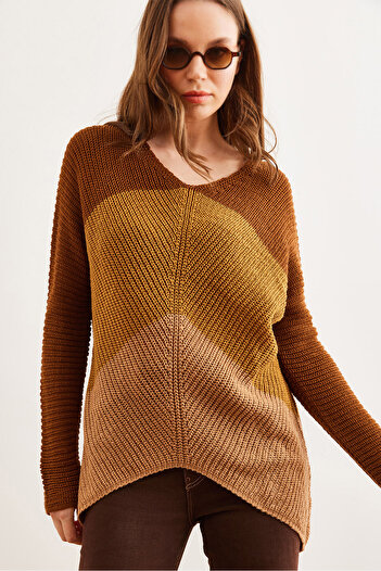 Olalook Tan and Camel Colorblocked Women's Knitwear Sweater - Kzk- 19000920