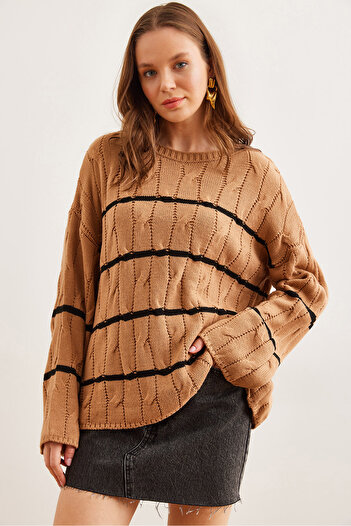 Olalook Women's Camel Hair Braided Line Detailed Knitwear Sweater Kzk- 19000919