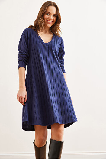 Olalook Women's Navy Blue Thick Ribbed V-Neck Mini Dress Elb- 19002321