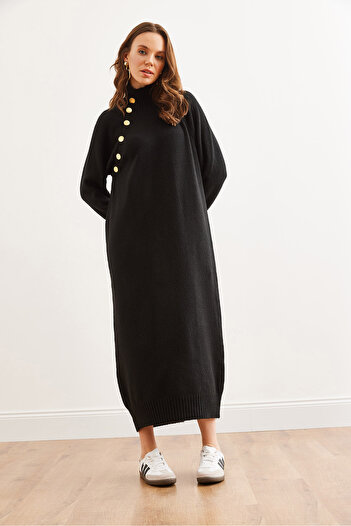 Olalook Women's Black Openable Collar Button Detailed Maxi Knitwear Dress Elb- 19002288