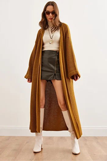 Olalook Women's Mustard Cuff Folded Maxi Sweater Cardigan Hrk- 19000297