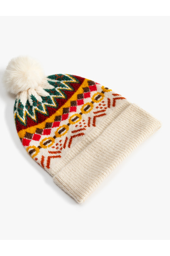 Koton Ethnic Patterned Folded Knitted Beanie - Pom Pom Detailed