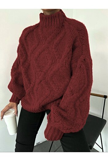 Modamorfo Winterpullover mit Ballonärmeln und halbem Ausschnitt – Weinrot