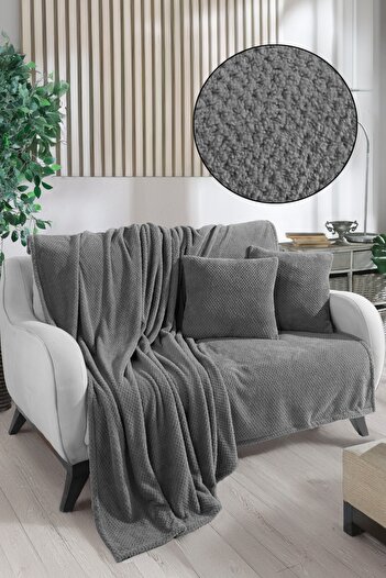 LADYNİL Welsoft 180X200 Seat Cover and Tv Blanket - 2 Pieces Anthracite Throw Pillow Cover 45X45