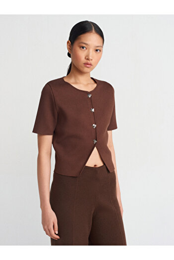 Dilvin 60293 Crew Neck Buttoned Knitwear Cardigan-Brown